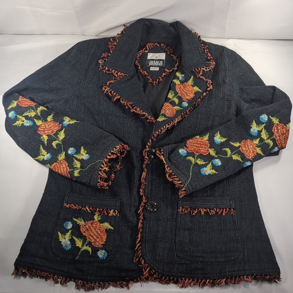 Yak Magik Denim Jacket Collar Embroidered Floral Fringe Sequin Blazer Blue Red L